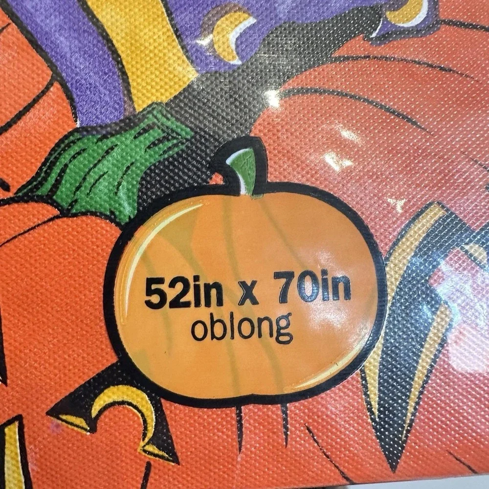 New VTG‎ Vinyl Halloween Tablecloth Jack O Lanterns Witch Hat Oblong 52x70